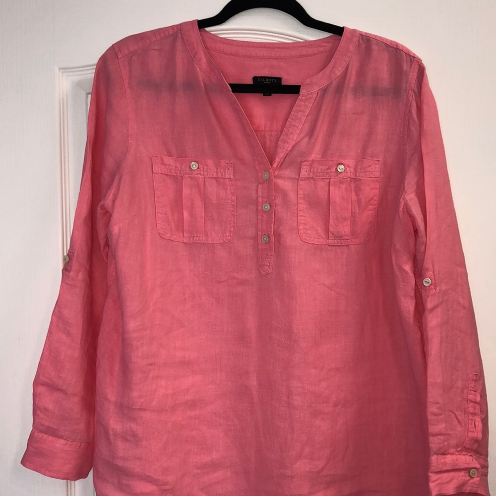 Talbots 100% Linen salmon Blouse  : Size Large Petite